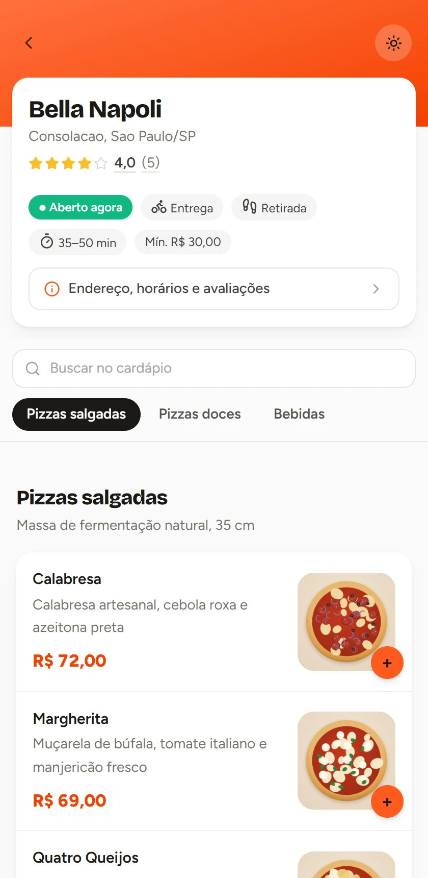 Cardápio da pizzaria Bella Napoli aberto no celular, com foto, preço e a previsão de 35 a 50 minutos