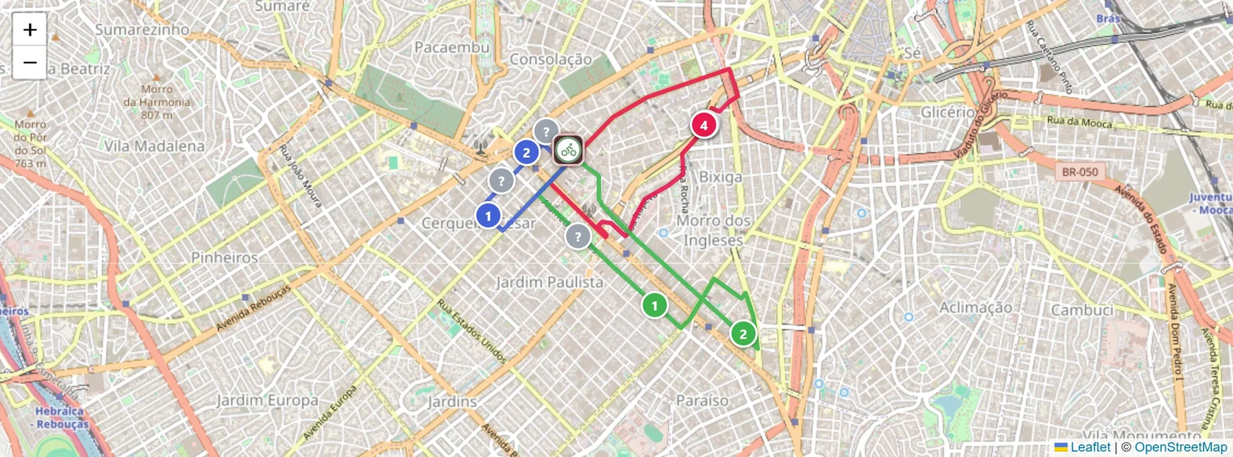 Mapa de São Paulo com três rotas coloridas saindo da loja e as paradas numeradas de cada motoboy